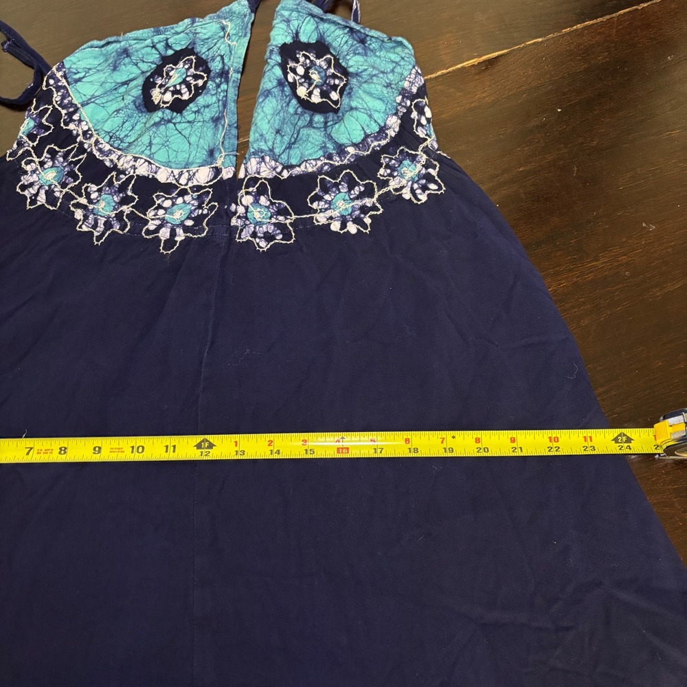 Batik Halter Maxi Dress Navy Turquoise Boho Embroidered Rayon Open Back One size - Picture 9 of 10